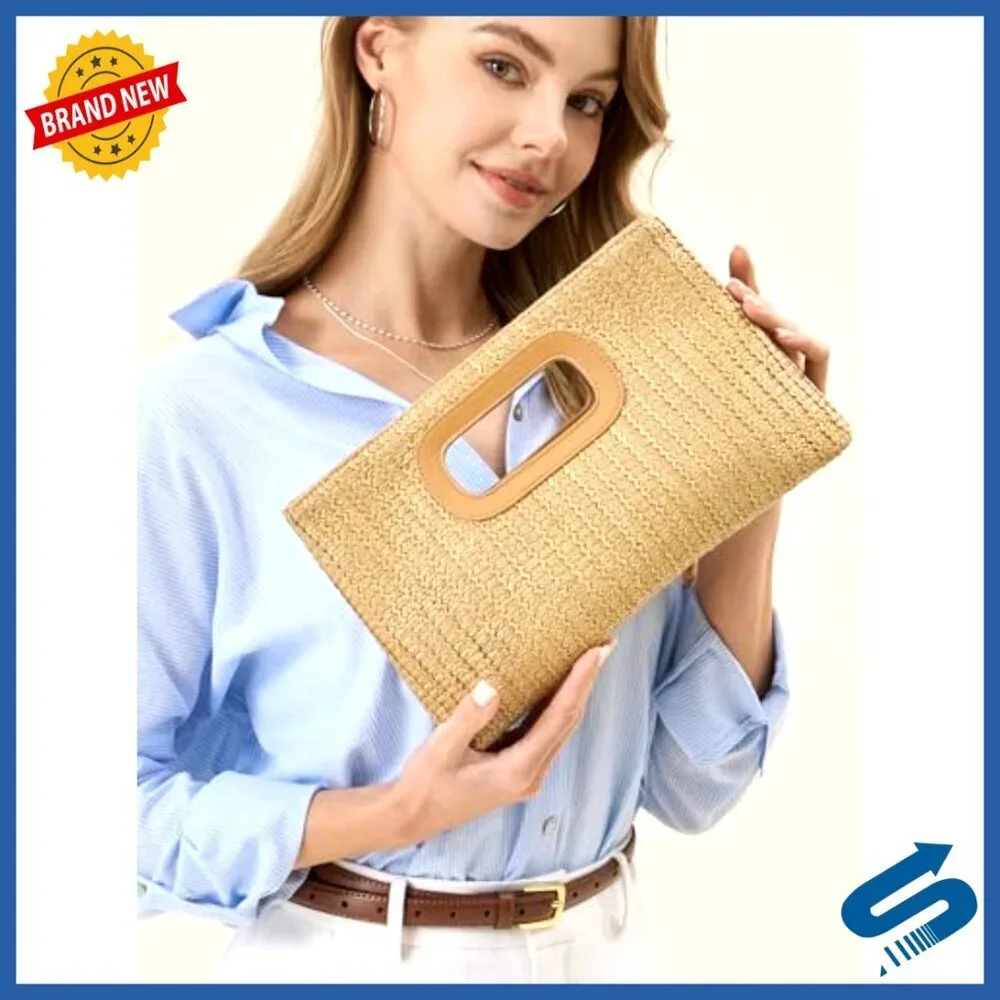 Straw Clutch Purse with Top Handle Boho Chic Summer Beach Bag